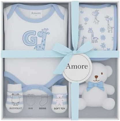 Newborn Baby Gift Set – 4 Piece White Unisex Baby Gift Box with Bodysuit, Bib, Socks & Soft Toy – Newborn Essentials for Baby Shower Gifts, Gener Reveal Gifts, New Baby Gift Hamper (White 0-3 Months)