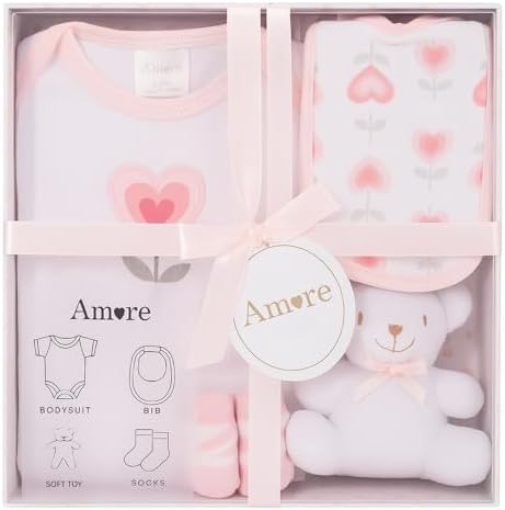 Newborn Baby Gift Set – 4 Piece White Unisex Baby Gift Box with Bodysuit, Bib, Socks & Soft Toy – Newborn Essentials for Baby Shower Gifts, Gener Reveal Gifts, New Baby Gift Hamper (White 0-3 Months)