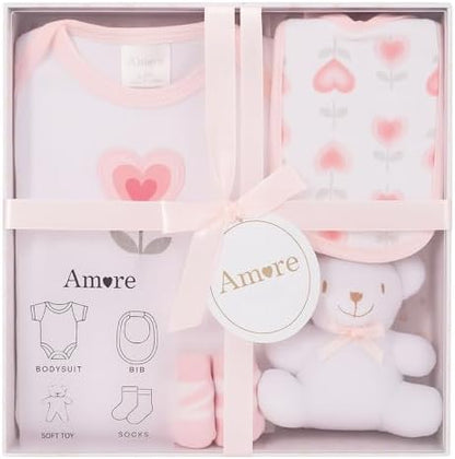 Newborn Baby Gift Set – 4 Piece White Unisex Baby Gift Box with Bodysuit, Bib, Socks & Soft Toy – Newborn Essentials for Baby Shower Gifts, Gener Reveal Gifts, New Baby Gift Hamper (White 0-3 Months)