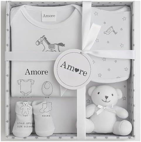Newborn Baby Gift Set – 4 Piece White Unisex Baby Gift Box with Bodysuit, Bib, Socks & Soft Toy – Newborn Essentials for Baby Shower Gifts, Gener Reveal Gifts, New Baby Gift Hamper (White 0-3 Months)