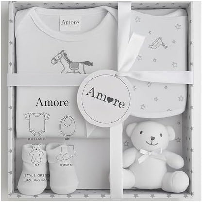 Newborn Baby Gift Set – 4 Piece White Unisex Baby Gift Box with Bodysuit, Bib, Socks & Soft Toy – Newborn Essentials for Baby Shower Gifts, Gener Reveal Gifts, New Baby Gift Hamper (White 0-3 Months)