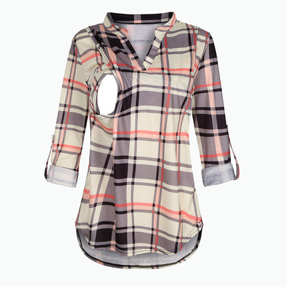 Viviana™ Plaid Printed Pregnant Woman Breastfeeding V-neck Long Sleeve Top