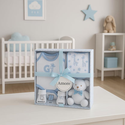 Newborn Baby Gift Set – 4 Piece White Unisex Baby Gift Box with Bodysuit, Bib, Socks & Soft Toy – Newborn Essentials for Baby Shower Gifts, Gener Reveal Gifts, New Baby Gift Hamper (White 0-3 Months)