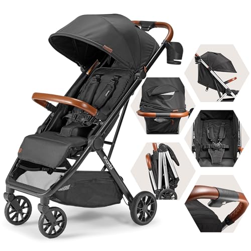 LittleMaylah™  Lightweight Baby Stroller - Premium Vegan Leather, One-Hand Fold, Infinite Recline, Aircraft-Grade Aluminum Frame, XXL Canopy, and Ample Storage Umbrella Stroller - Hickory