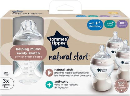 Tommee Tippee Natural Start Baby Bottles for 0m+, Pack of 3 260ml Baby Bottles, with Slow Flow Breast-Like Teat for a Natural Latch, Self-Sterilising and BPA Free, Baby Feeding Essentials