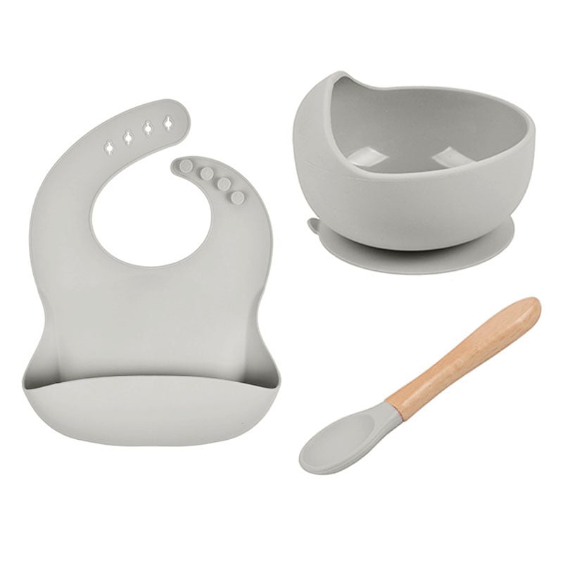 LittleMaylah™ Baby Tableware Set – Silicone Bowl, Bib & Wooden Spoon (3-Piece Set)