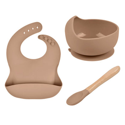 LittleMaylah™ Baby Tableware Set – Silicone Bowl, Bib & Wooden Spoon (3-Piece Set)