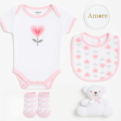 Newborn Baby Gift Set – 4 Piece White Unisex Baby Gift Box with Bodysuit, Bib, Socks & Soft Toy – Newborn Essentials for Baby Shower Gifts, Gener Reveal Gifts, New Baby Gift Hamper (White 0-3 Months)