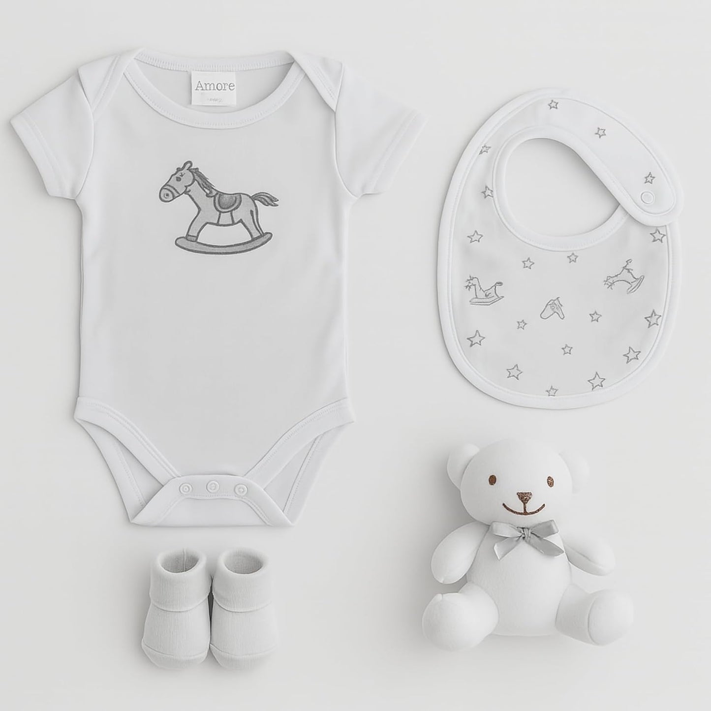 Newborn Baby Gift Set – 4 Piece White Unisex Baby Gift Box with Bodysuit, Bib, Socks & Soft Toy – Newborn Essentials for Baby Shower Gifts, Gener Reveal Gifts, New Baby Gift Hamper (White 0-3 Months)