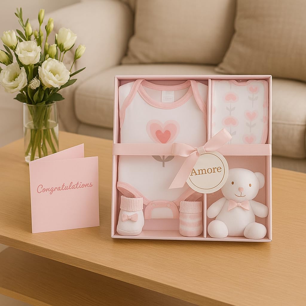 Newborn Baby Gift Set – 4 Piece White Unisex Baby Gift Box with Bodysuit, Bib, Socks & Soft Toy – Newborn Essentials for Baby Shower Gifts, Gener Reveal Gifts, New Baby Gift Hamper (White 0-3 Months)