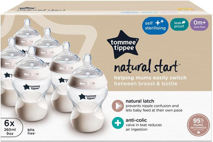 Tommee Tippee Natural Start Baby Bottles for 0m+, Pack of 3 260ml Baby Bottles, with Slow Flow Breast-Like Teat for a Natural Latch, Self-Sterilising and BPA Free, Baby Feeding Essentials