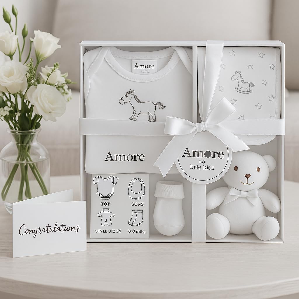 Newborn Baby Gift Set – 4 Piece White Unisex Baby Gift Box with Bodysuit, Bib, Socks & Soft Toy – Newborn Essentials for Baby Shower Gifts, Gener Reveal Gifts, New Baby Gift Hamper (White 0-3 Months)