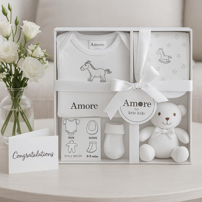 Newborn Baby Gift Set – 4 Piece White Unisex Baby Gift Box with Bodysuit, Bib, Socks & Soft Toy – Newborn Essentials for Baby Shower Gifts, Gener Reveal Gifts, New Baby Gift Hamper (White 0-3 Months)