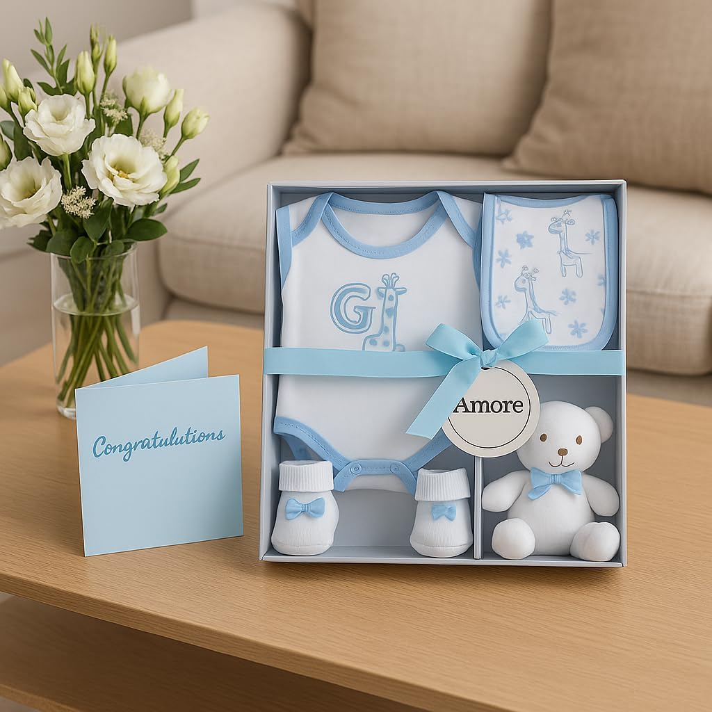 Newborn Baby Gift Set – 4 Piece White Unisex Baby Gift Box with Bodysuit, Bib, Socks & Soft Toy – Newborn Essentials for Baby Shower Gifts, Gener Reveal Gifts, New Baby Gift Hamper (White 0-3 Months)