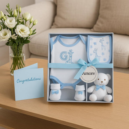 Newborn Baby Gift Set – 4 Piece White Unisex Baby Gift Box with Bodysuit, Bib, Socks & Soft Toy – Newborn Essentials for Baby Shower Gifts, Gener Reveal Gifts, New Baby Gift Hamper (White 0-3 Months)