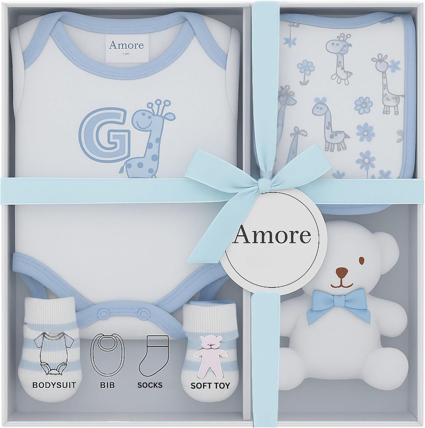 Newborn Baby Gift Set – 4 Piece White Unisex Baby Gift Box with Bodysuit, Bib, Socks & Soft Toy – Newborn Essentials for Baby Shower Gifts, Gener Reveal Gifts, New Baby Gift Hamper (White 0-3 Months)