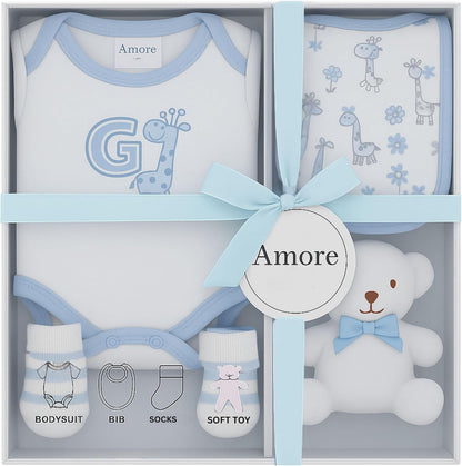 Newborn Baby Gift Set – 4 Piece White Unisex Baby Gift Box with Bodysuit, Bib, Socks & Soft Toy – Newborn Essentials for Baby Shower Gifts, Gener Reveal Gifts, New Baby Gift Hamper (White 0-3 Months)