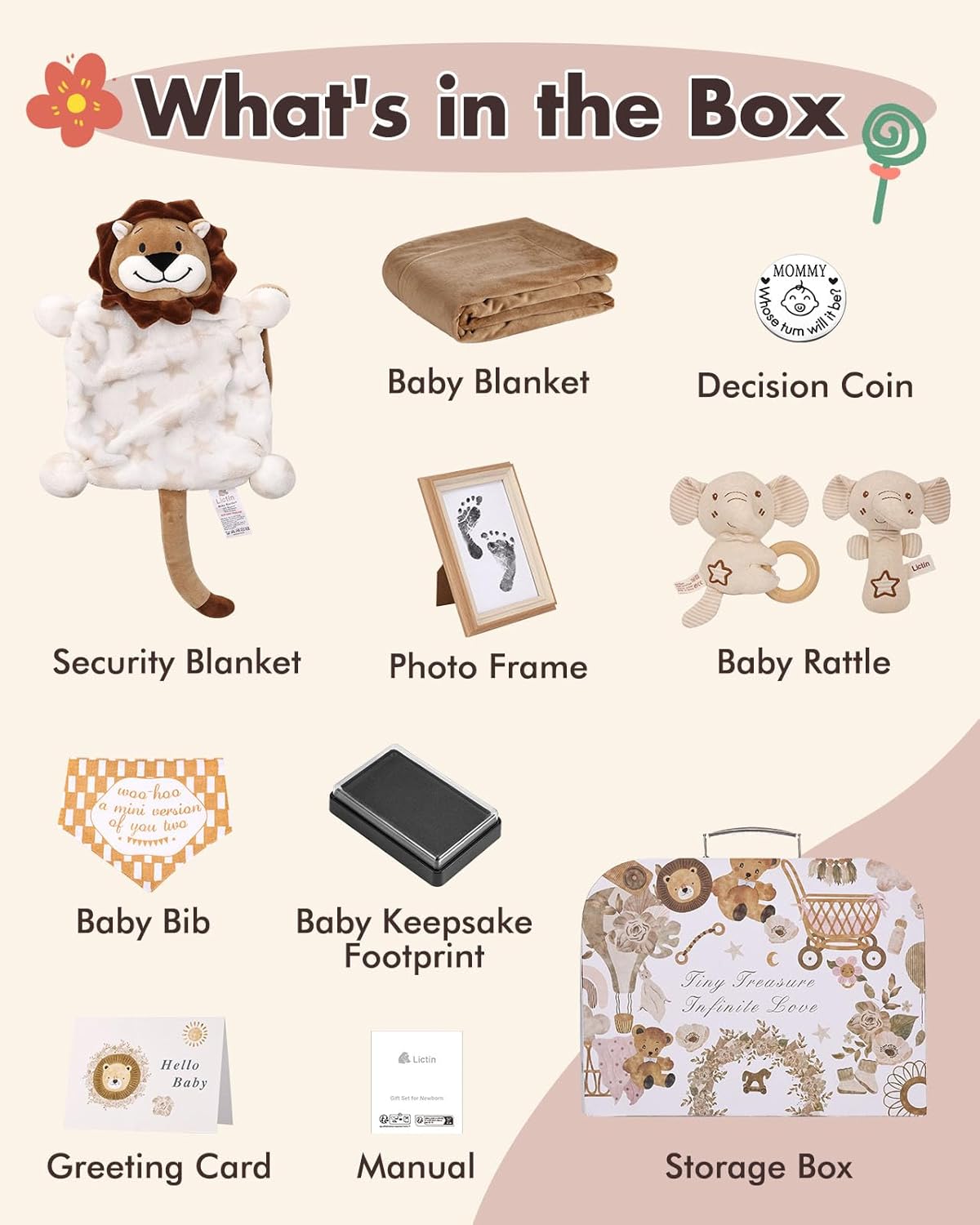 LittleMaylah™ Baby Gift Set for Boys Girls, 14PCS Baby Shower Gifts, Neutral Newborn Gifts Basket with Baby Blanket, Wooden Monthly Milestone Cards, Elephant Security Blanket (Grey, 14pcs)