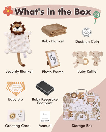 LittleMaylah™ Baby Gift Set for Boys Girls, 14PCS Baby Shower Gifts, Neutral Newborn Gifts Basket with Baby Blanket, Wooden Monthly Milestone Cards, Elephant Security Blanket (Grey, 14pcs)