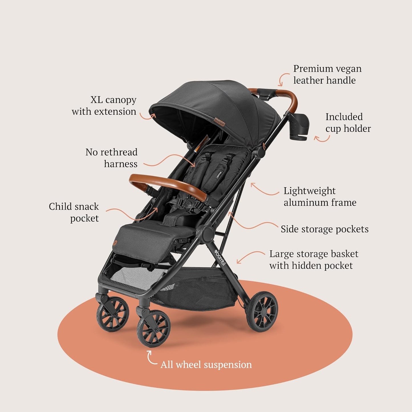 LittleMaylah™  Lightweight Baby Stroller - Premium Vegan Leather, One-Hand Fold, Infinite Recline, Aircraft-Grade Aluminum Frame, XXL Canopy, and Ample Storage Umbrella Stroller - Hickory