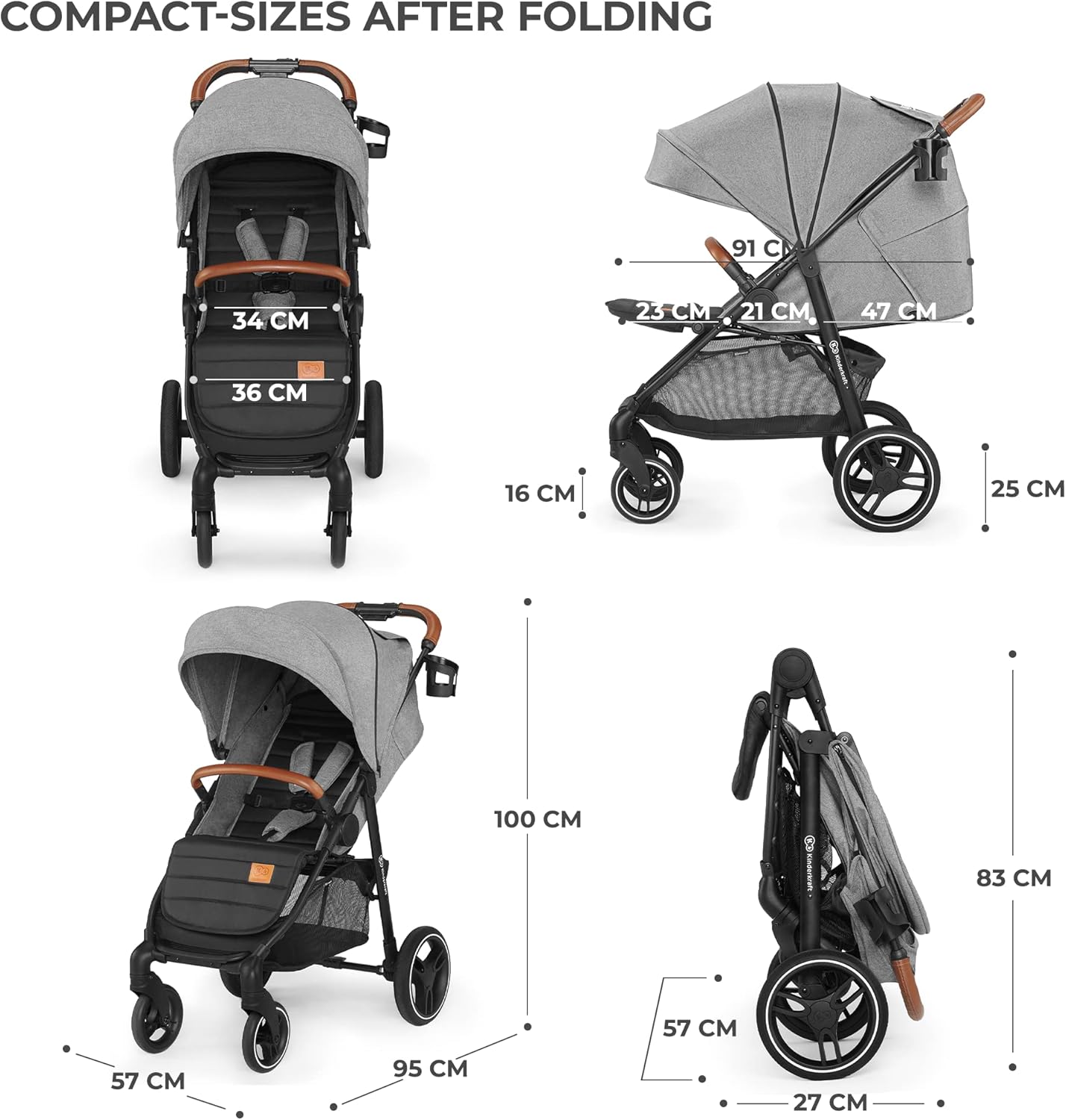 Kinderkraft GRANDE PLUS Stroller pushchair for toddlers from Birth to 22 kg, Extra-large hood, Lie-flat position, Folding with one hand, Shock absorption on all wheels, Black