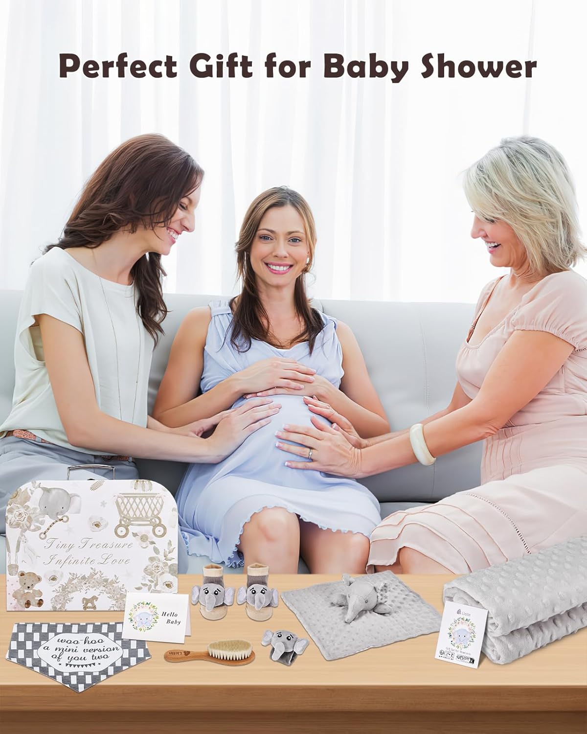 LittleMaylah™ Baby Gift Set for Boys Girls, 14PCS Baby Shower Gifts, Neutral Newborn Gifts Basket with Baby Blanket, Wooden Monthly Milestone Cards, Elephant Security Blanket (Grey, 14pcs)