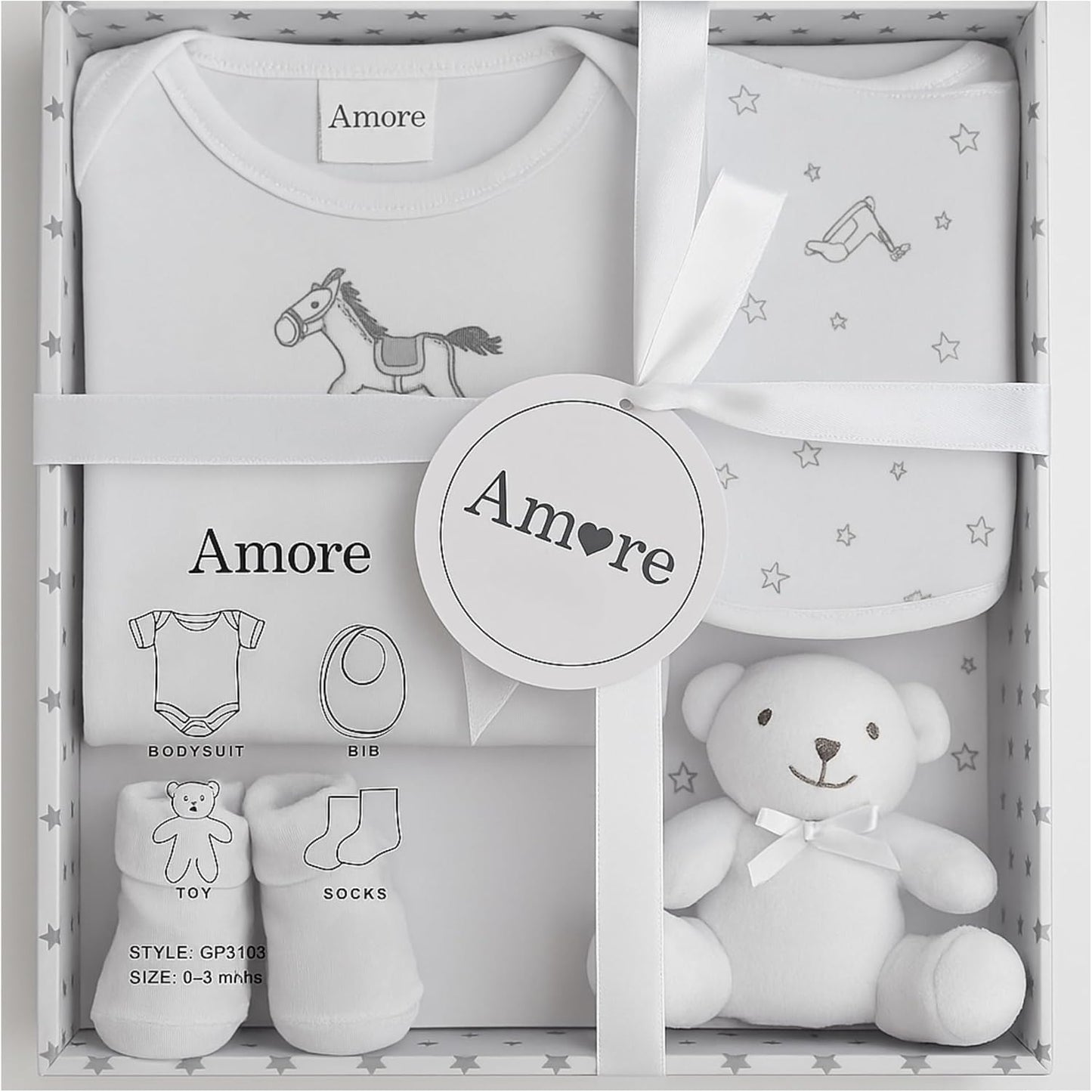 Newborn Baby Gift Set – 4 Piece White Unisex Baby Gift Box with Bodysuit, Bib, Socks & Soft Toy – Newborn Essentials for Baby Shower Gifts, Gener Reveal Gifts, New Baby Gift Hamper (White 0-3 Months)