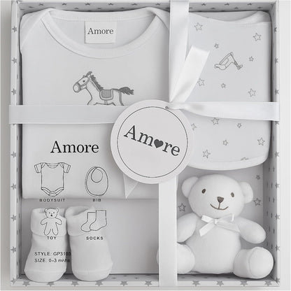 Newborn Baby Gift Set – 4 Piece White Unisex Baby Gift Box with Bodysuit, Bib, Socks & Soft Toy – Newborn Essentials for Baby Shower Gifts, Gener Reveal Gifts, New Baby Gift Hamper (White 0-3 Months)