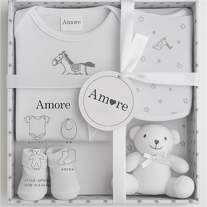 Newborn Baby Gift Set – 4 Piece White Unisex Baby Gift Box with Bodysuit, Bib, Socks & Soft Toy – Newborn Essentials for Baby Shower Gifts, Gener Reveal Gifts, New Baby Gift Hamper (White 0-3 Months)