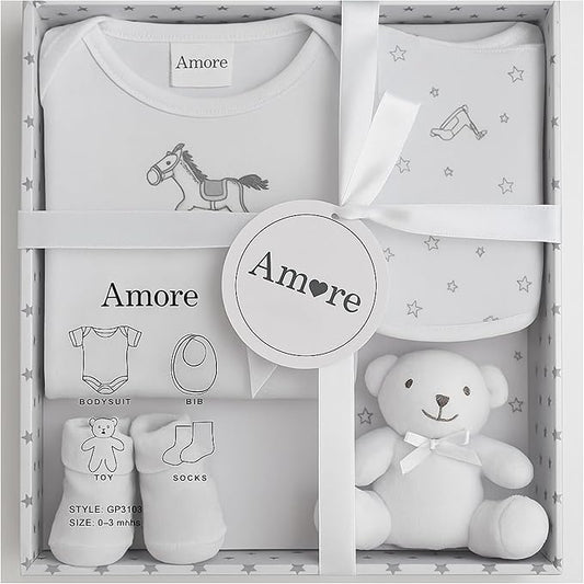 Newborn Baby Gift Set – 4 Piece White Unisex Baby Gift Box with Bodysuit, Bib, Socks & Soft Toy – Newborn Essentials for Baby Shower Gifts, Gener Reveal Gifts, New Baby Gift Hamper (White 0-3 Months)