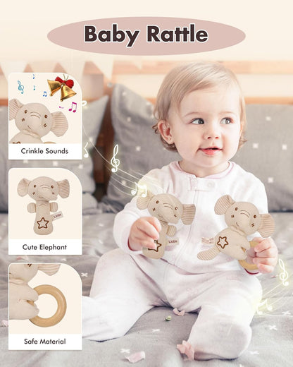 LittleMaylah™ Baby Gift Set for Boys Girls, 14PCS Baby Shower Gifts, Neutral Newborn Gifts Basket with Baby Blanket, Wooden Monthly Milestone Cards, Elephant Security Blanket (Grey, 14pcs)