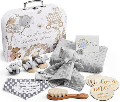 LittleMaylah™ Baby Gift Set for Boys Girls, 14PCS Baby Shower Gifts, Neutral Newborn Gifts Basket with Baby Blanket, Wooden Monthly Milestone Cards, Elephant Security Blanket (Grey, 14pcs)