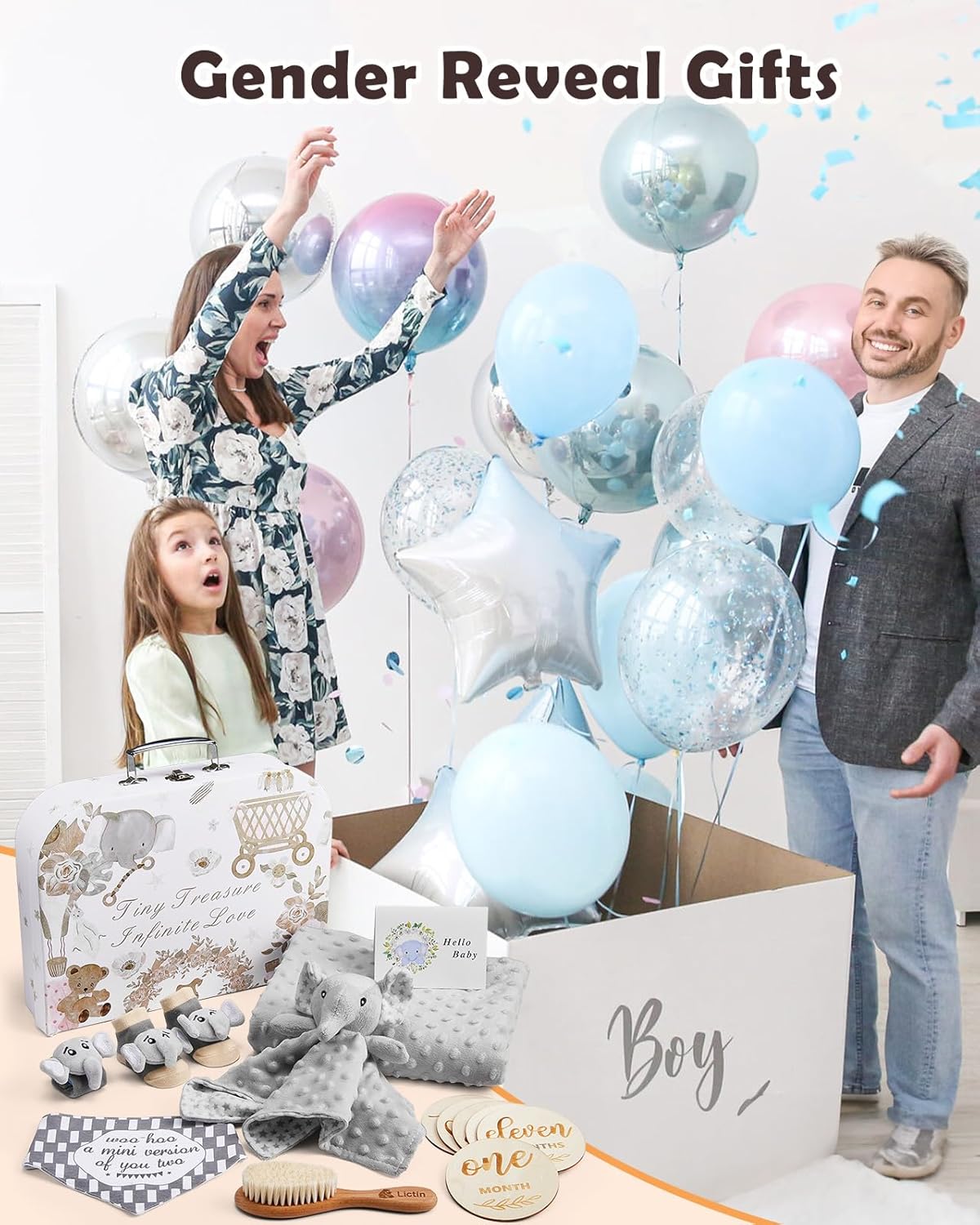 LittleMaylah™ Baby Gift Set for Boys Girls, 14PCS Baby Shower Gifts, Neutral Newborn Gifts Basket with Baby Blanket, Wooden Monthly Milestone Cards, Elephant Security Blanket (Grey, 14pcs)