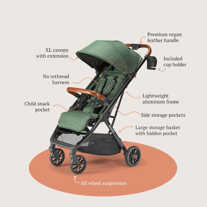 LittleMaylah™  Lightweight Baby Stroller - Premium Vegan Leather, One-Hand Fold, Infinite Recline, Aircraft-Grade Aluminum Frame, XXL Canopy, and Ample Storage Umbrella Stroller - Hickory