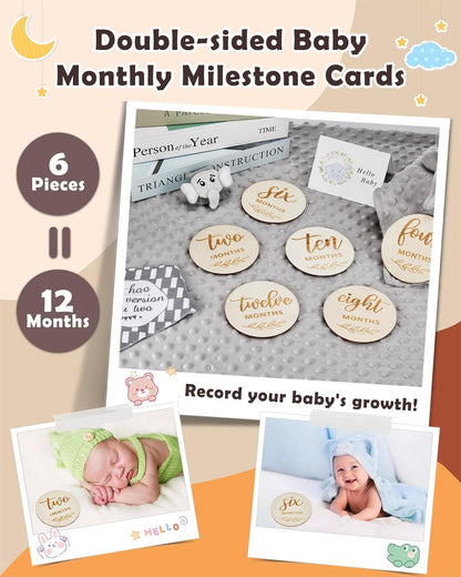 LittleMaylah™ Baby Gift Set for Boys Girls, 14PCS Baby Shower Gifts, Neutral Newborn Gifts Basket with Baby Blanket, Wooden Monthly Milestone Cards, Elephant Security Blanket (Grey, 14pcs)