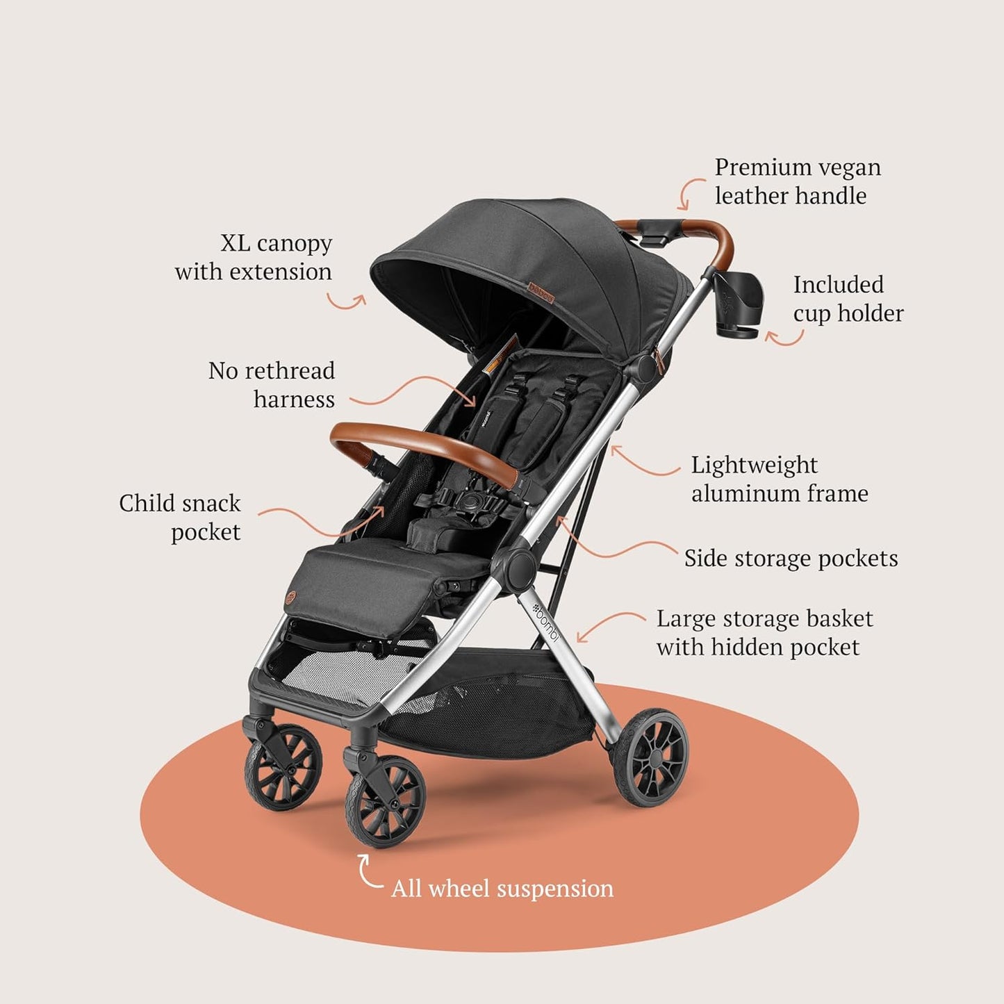 LittleMaylah™  Lightweight Baby Stroller - Premium Vegan Leather, One-Hand Fold, Infinite Recline, Aircraft-Grade Aluminum Frame, XXL Canopy, and Ample Storage Umbrella Stroller - Hickory