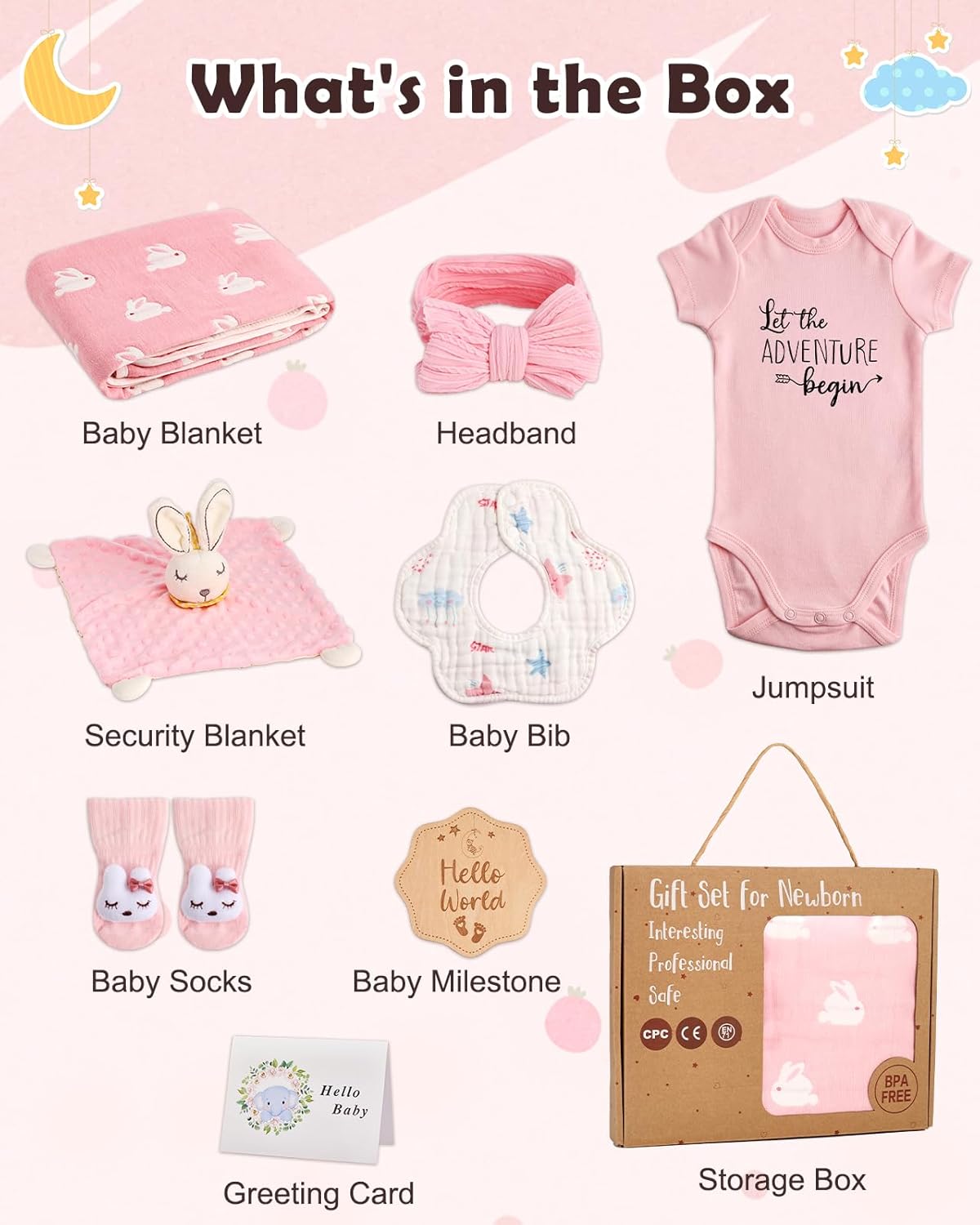 LittleMaylah™ Baby Gift Set for Boys Girls, 14PCS Baby Shower Gifts, Neutral Newborn Gifts Basket with Baby Blanket, Wooden Monthly Milestone Cards, Elephant Security Blanket (Grey, 14pcs)