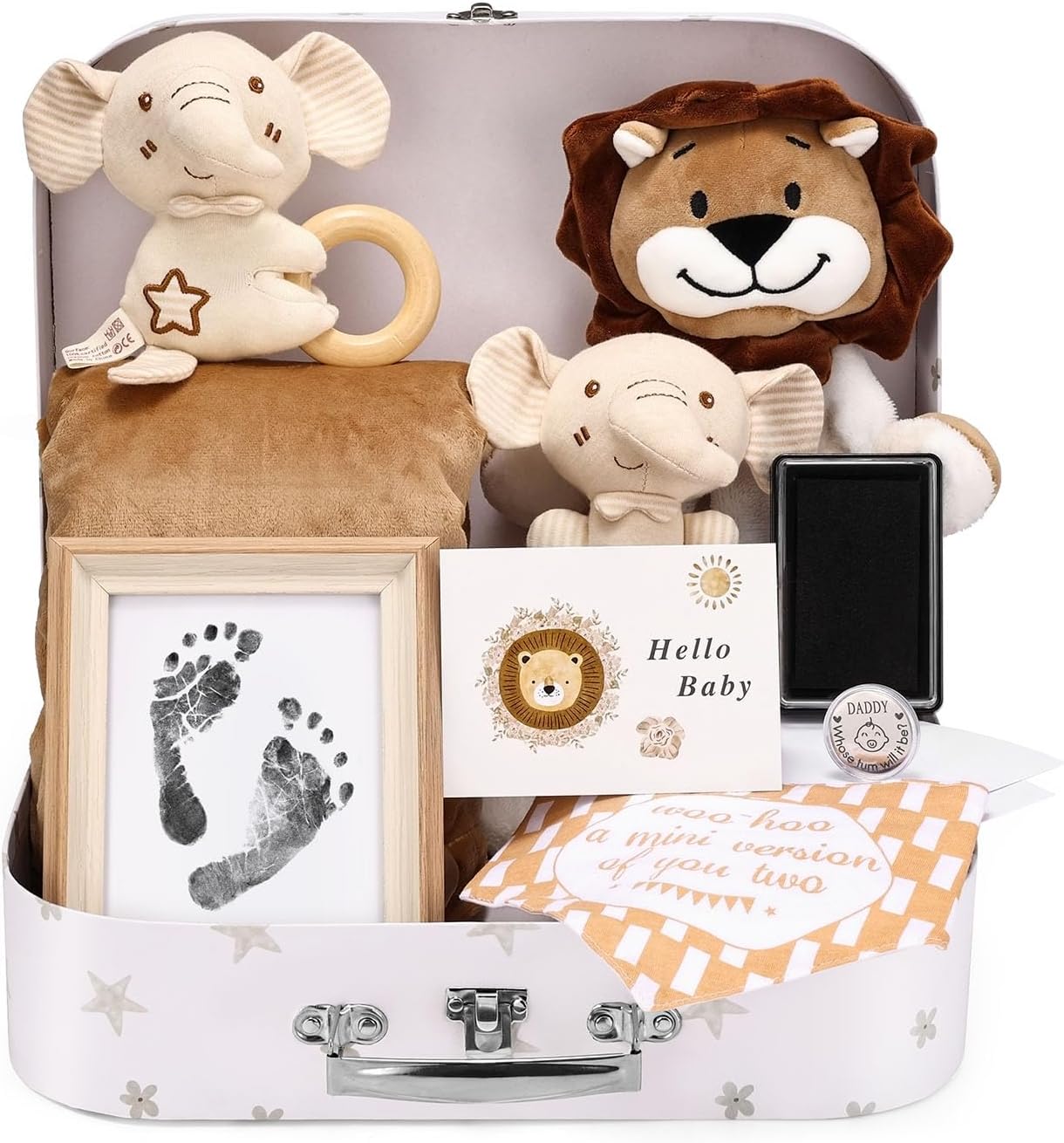 LittleMaylah™ Baby Gift Set for Boys Girls, 14PCS Baby Shower Gifts, Neutral Newborn Gifts Basket with Baby Blanket, Wooden Monthly Milestone Cards, Elephant Security Blanket (Grey, 14pcs)