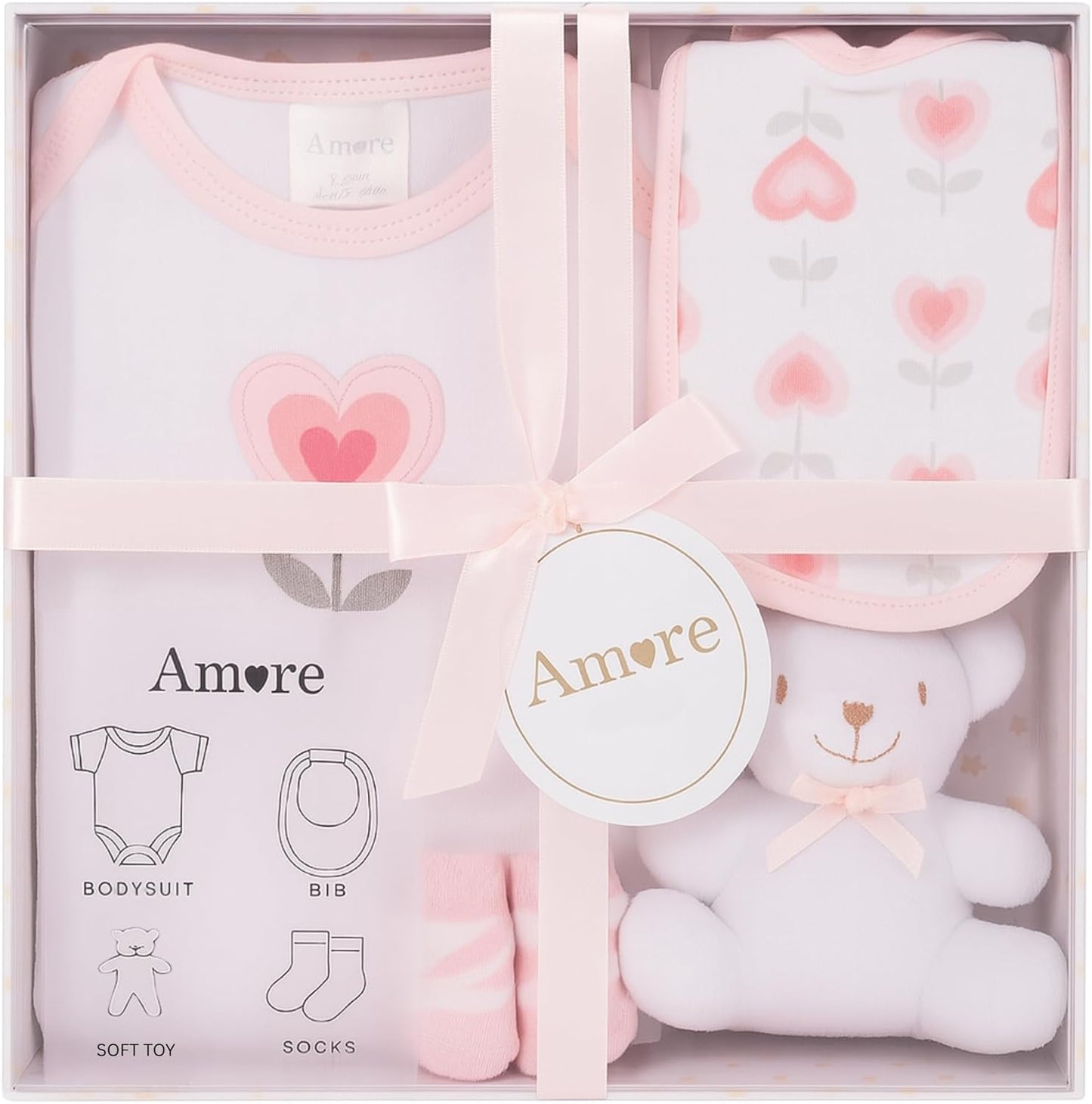Newborn Baby Gift Set – 4 Piece White Unisex Baby Gift Box with Bodysuit, Bib, Socks & Soft Toy – Newborn Essentials for Baby Shower Gifts, Gener Reveal Gifts, New Baby Gift Hamper (White 0-3 Months)