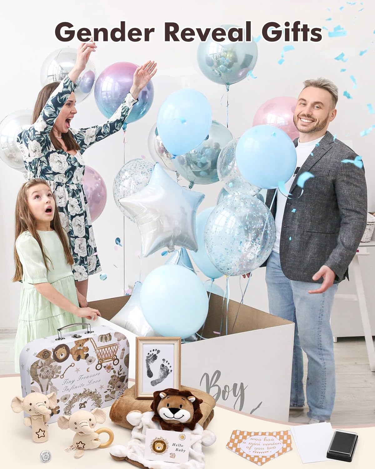 LittleMaylah™ Baby Gift Set for Boys Girls, 14PCS Baby Shower Gifts, Neutral Newborn Gifts Basket with Baby Blanket, Wooden Monthly Milestone Cards, Elephant Security Blanket (Grey, 14pcs)