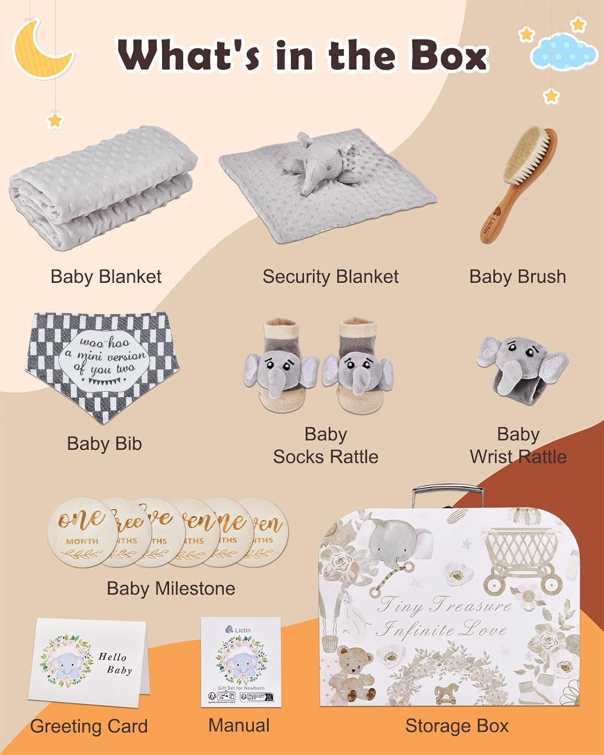 LittleMaylah™ Baby Gift Set for Boys Girls, 14PCS Baby Shower Gifts, Neutral Newborn Gifts Basket with Baby Blanket, Wooden Monthly Milestone Cards, Elephant Security Blanket (Grey, 14pcs)