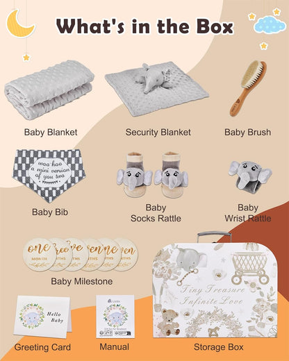 LittleMaylah™ Baby Gift Set for Boys Girls, 14PCS Baby Shower Gifts, Neutral Newborn Gifts Basket with Baby Blanket, Wooden Monthly Milestone Cards, Elephant Security Blanket (Grey, 14pcs)