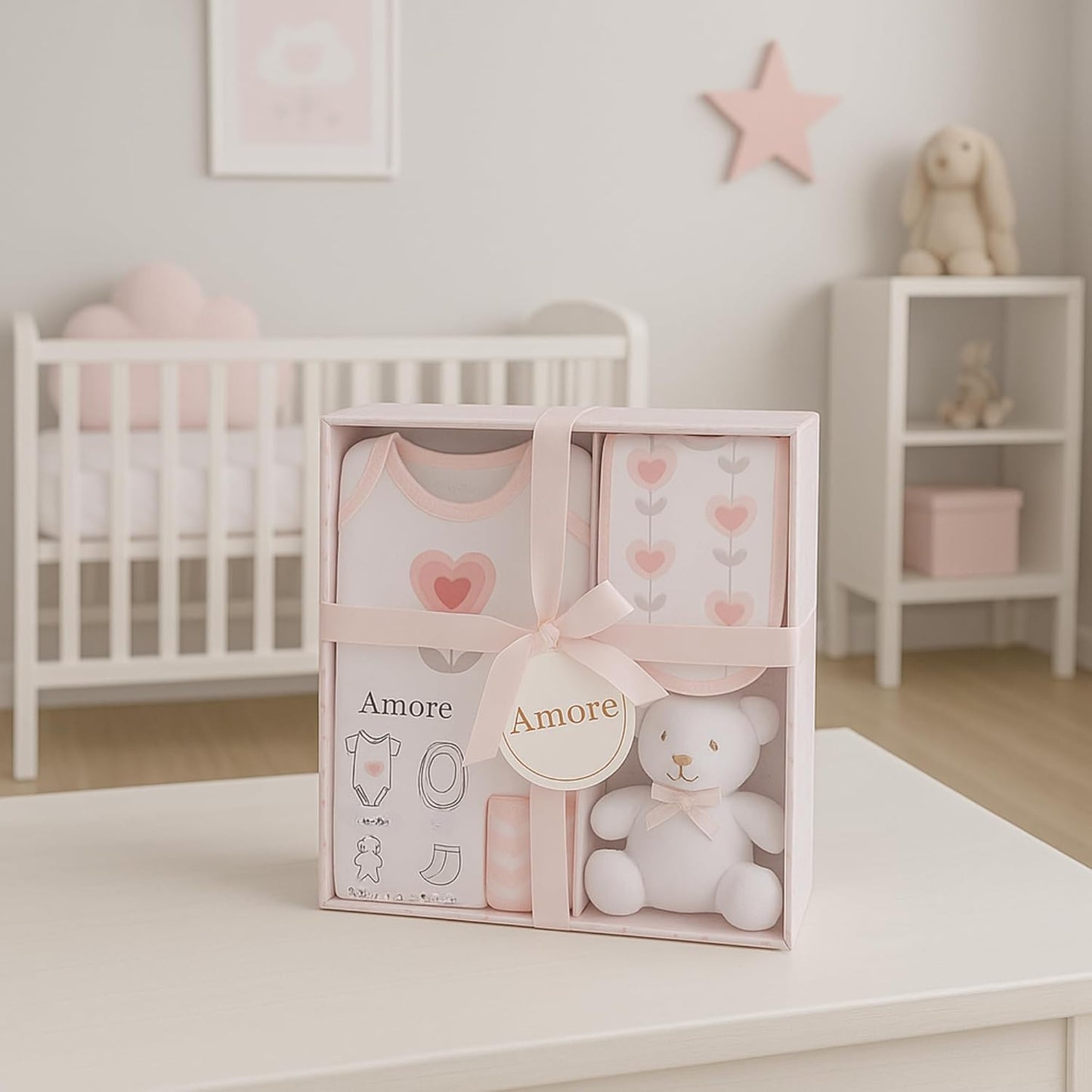 Newborn Baby Gift Set – 4 Piece White Unisex Baby Gift Box with Bodysuit, Bib, Socks & Soft Toy – Newborn Essentials for Baby Shower Gifts, Gener Reveal Gifts, New Baby Gift Hamper (White 0-3 Months)