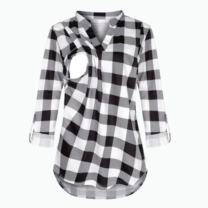 Viviana™ Plaid Printed Pregnant Woman Breastfeeding V-neck Long Sleeve Top