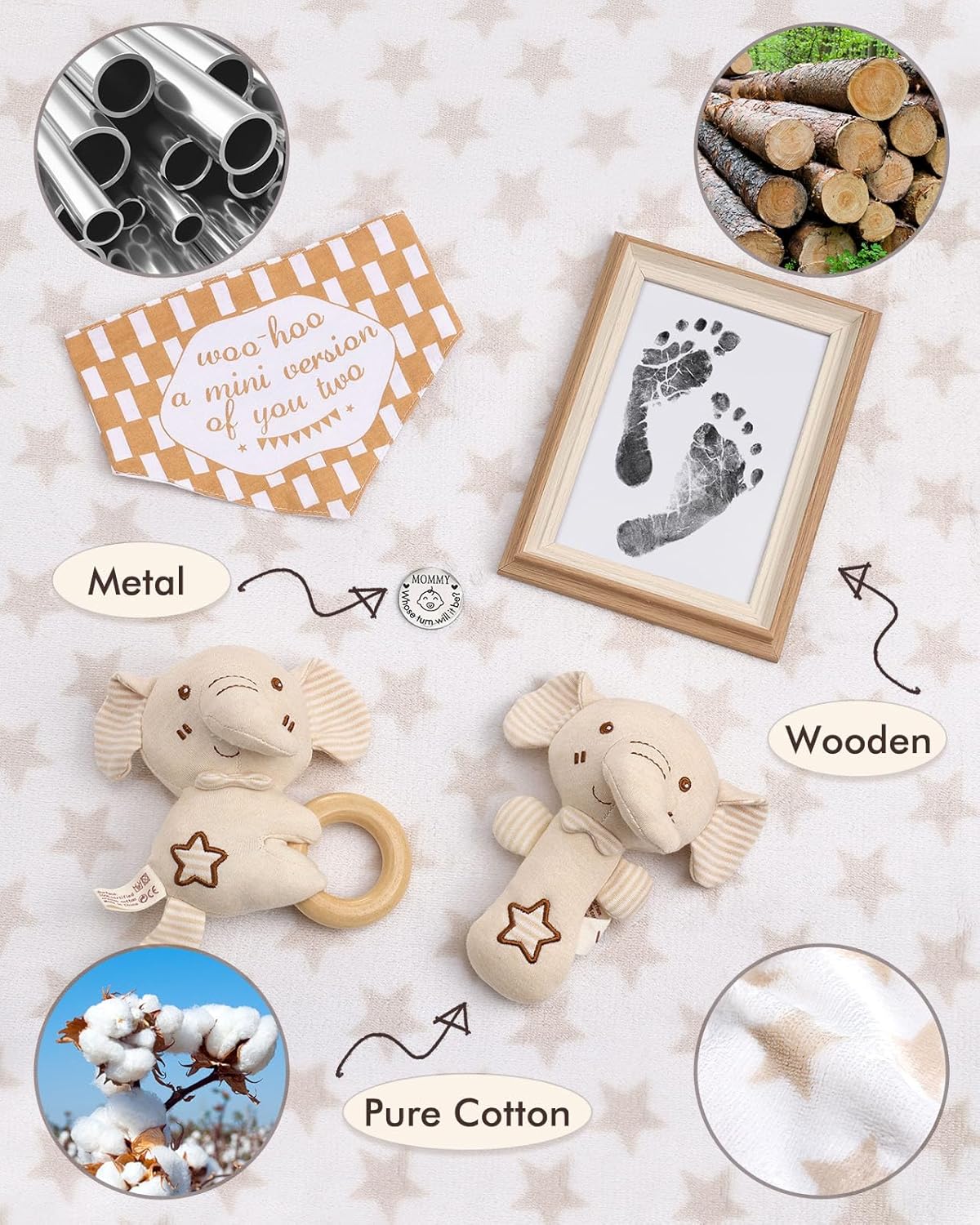 LittleMaylah™ Baby Gift Set for Boys Girls, 14PCS Baby Shower Gifts, Neutral Newborn Gifts Basket with Baby Blanket, Wooden Monthly Milestone Cards, Elephant Security Blanket (Grey, 14pcs)