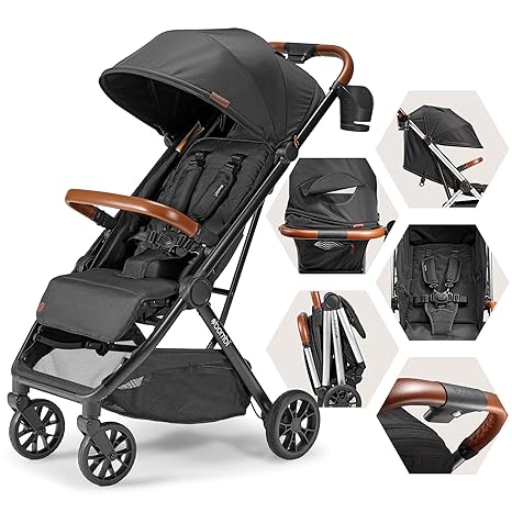 LittleMaylah™  Lightweight Baby Stroller - Premium Vegan Leather, One-Hand Fold, Infinite Recline, Aircraft-Grade Aluminum Frame, XXL Canopy, and Ample Storage Umbrella Stroller - Hickory