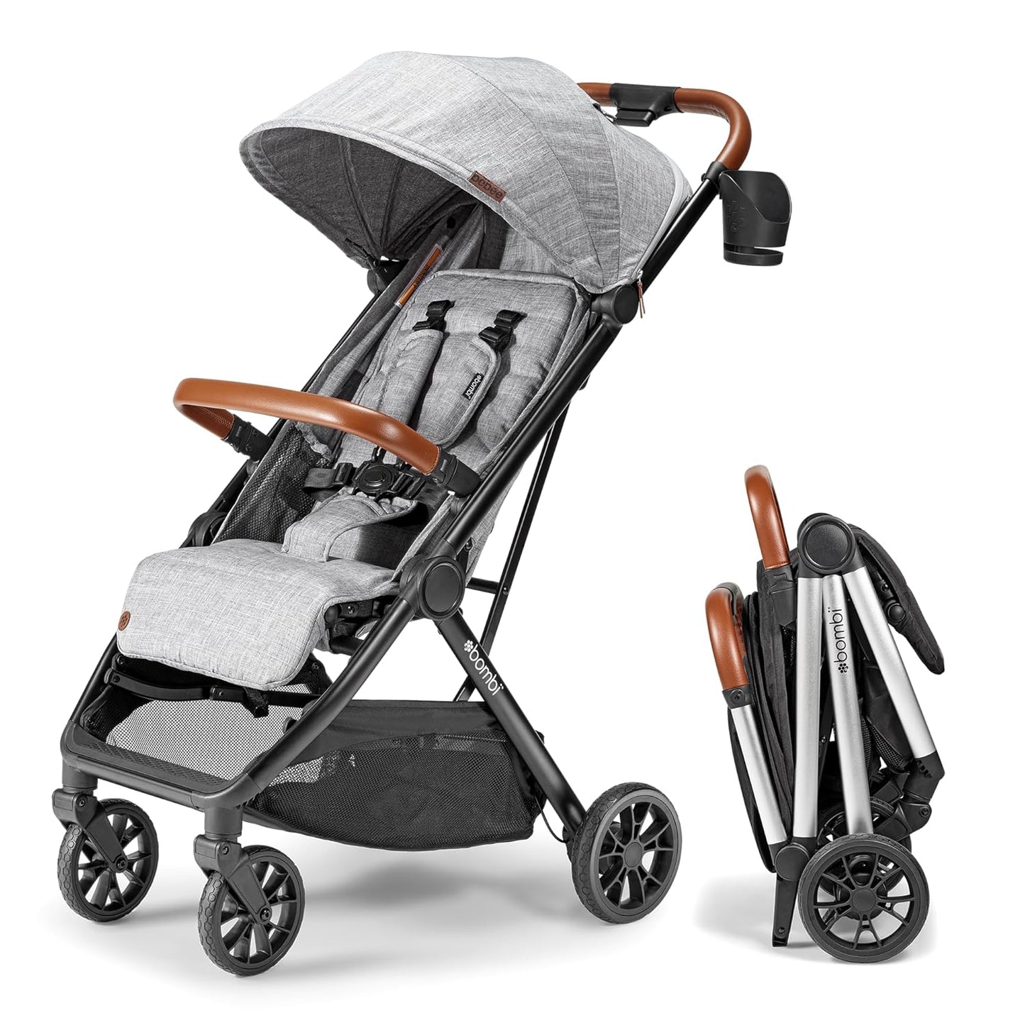 LittleMaylah™  Lightweight Baby Stroller - Premium Vegan Leather, One-Hand Fold, Infinite Recline, Aircraft-Grade Aluminum Frame, XXL Canopy, and Ample Storage Umbrella Stroller - Hickory
