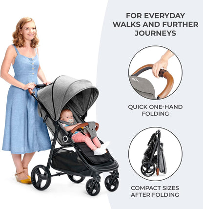 Kinderkraft GRANDE PLUS Stroller pushchair for toddlers from Birth to 22 kg, Extra-large hood, Lie-flat position, Folding with one hand, Shock absorption on all wheels, Black
