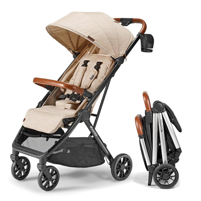 LittleMaylah™  Lightweight Baby Stroller - Premium Vegan Leather, One-Hand Fold, Infinite Recline, Aircraft-Grade Aluminum Frame, XXL Canopy, and Ample Storage Umbrella Stroller - Hickory