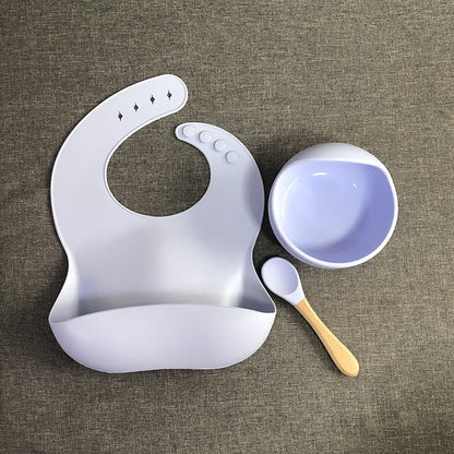 LittleMaylah™ Baby Tableware Set – Silicone Bowl, Bib & Wooden Spoon (3-Piece Set)